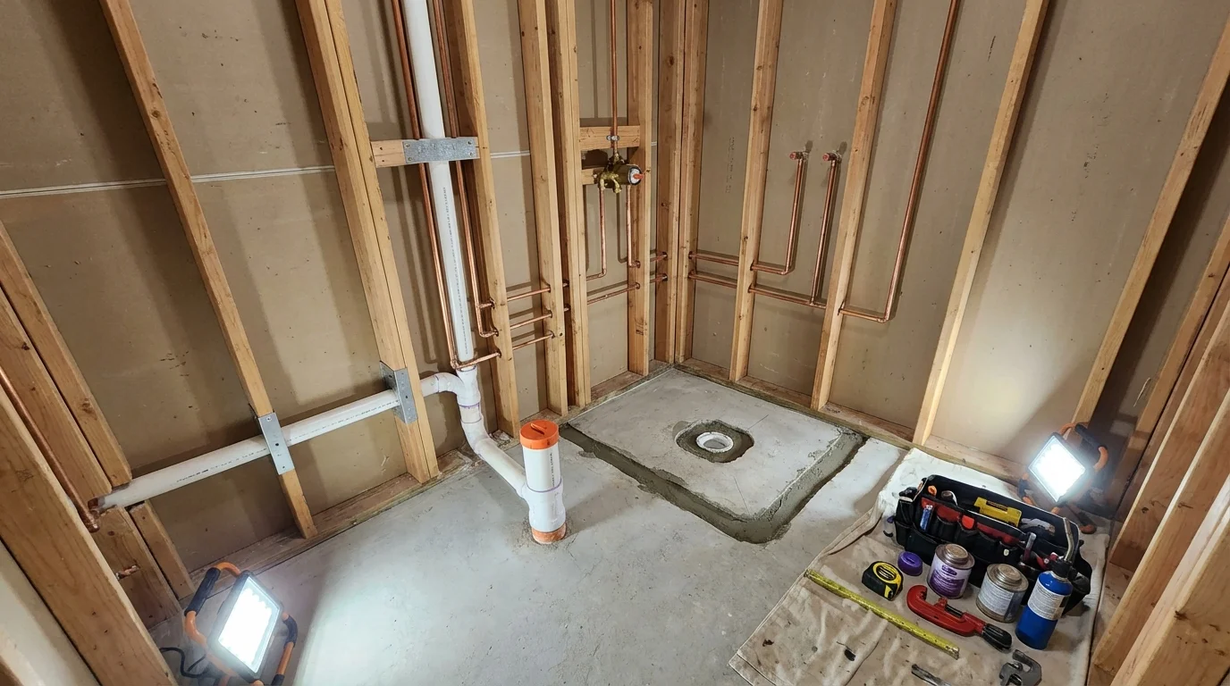 Bathroom rough-in plumbing during remodel by Johns Plumbing LLC in South San Francisco