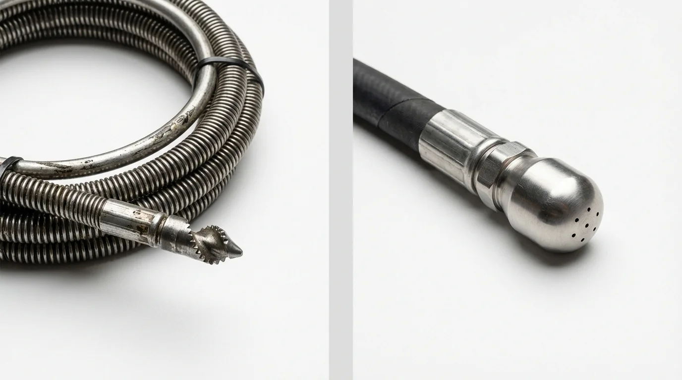 Drain snake cable and hydro jetting nozzle used for drain cleaning in South San Francisco, CA