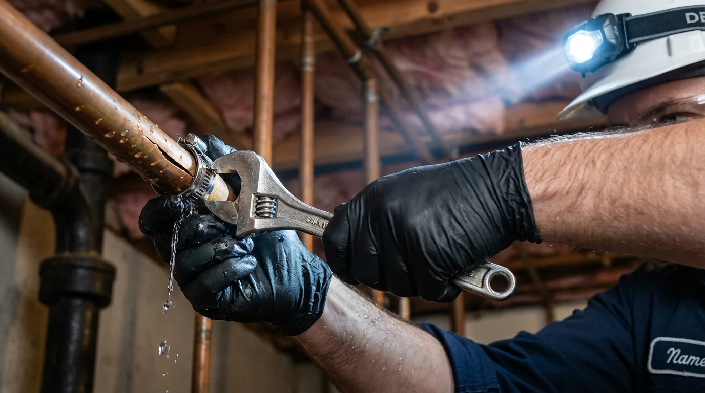 Emergency pipe clamp repair being performed by a Johns Plumbing LLC plumber in South San Francisco