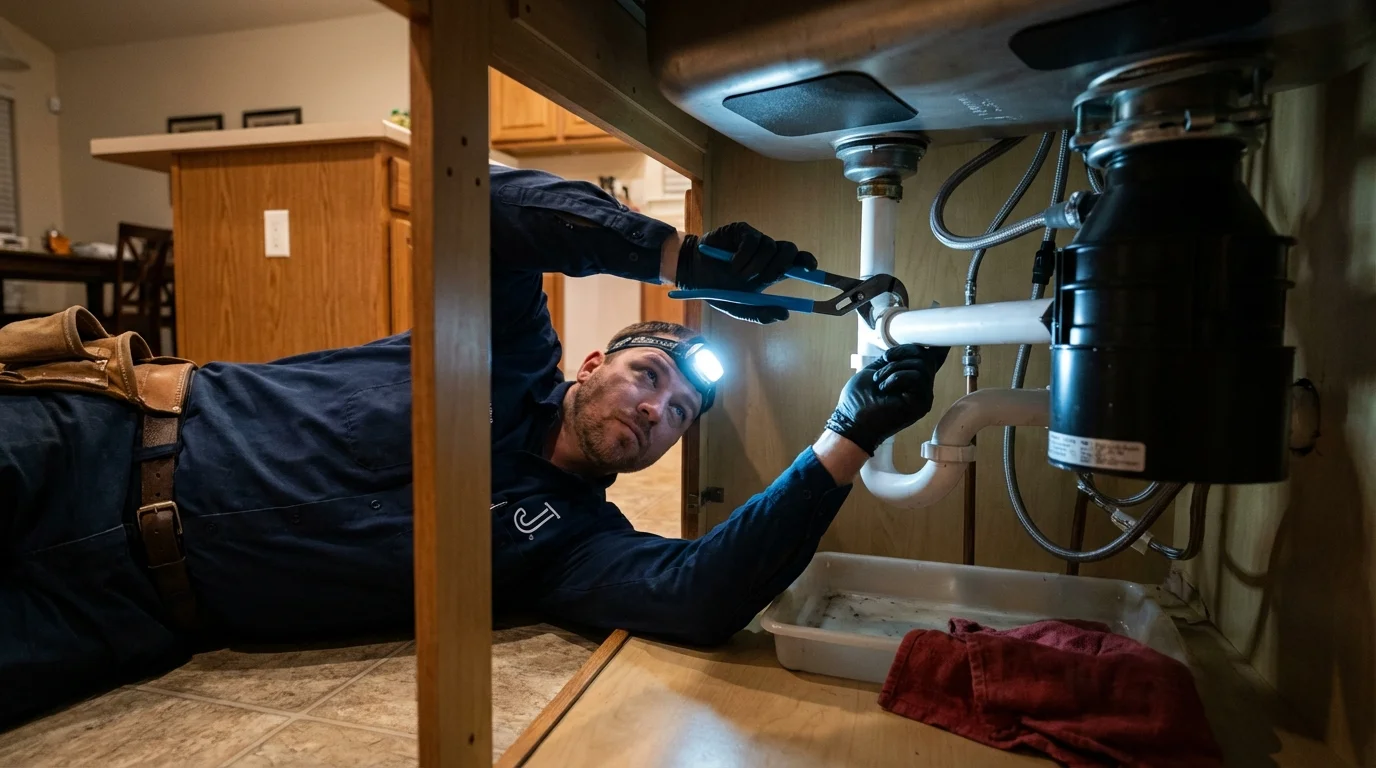 P-trap and supply line connections under a kitchen sink showing a common leak point in South San Francisco, CA